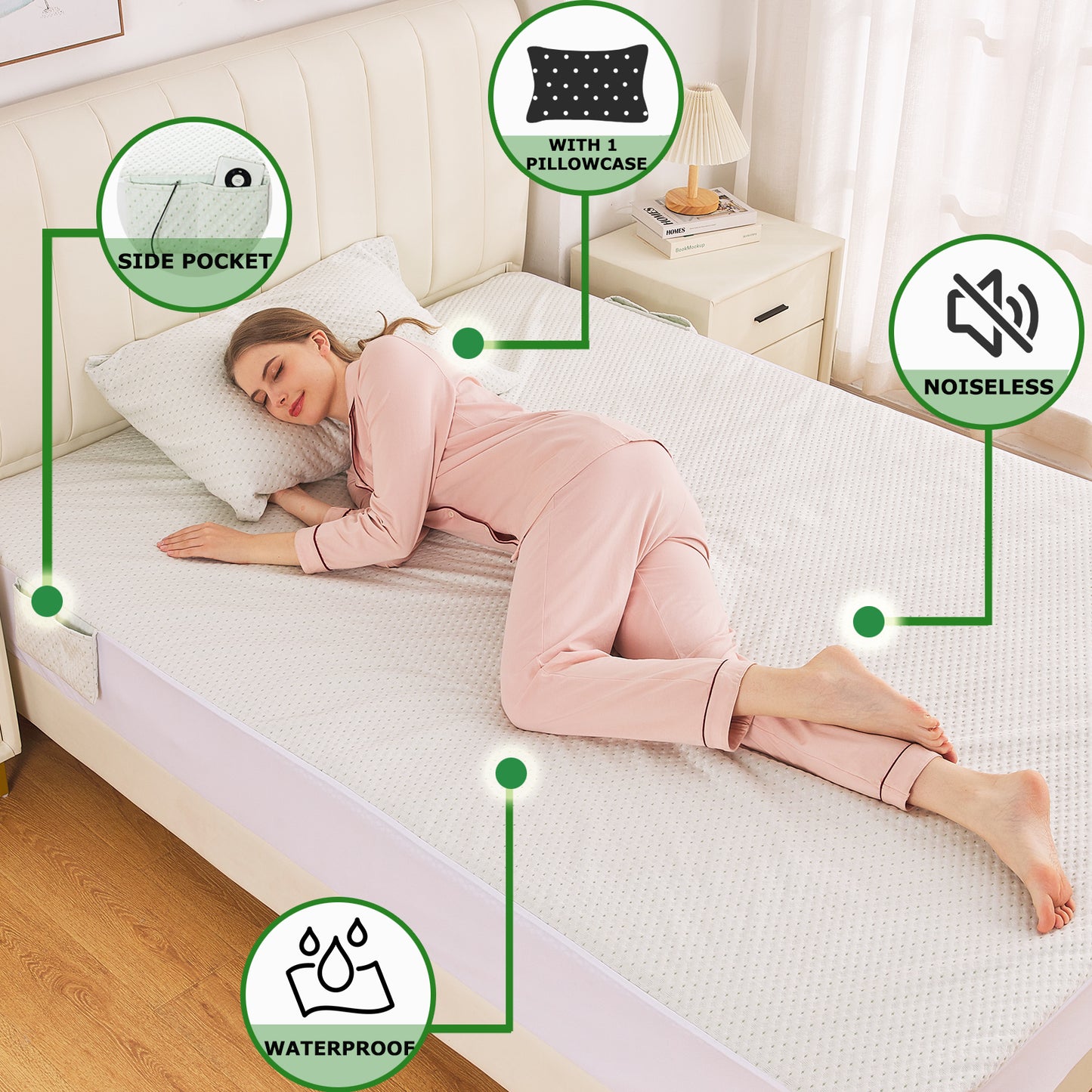 Waterproof Bamboo Mattress Protector with 1 Pillow Protector