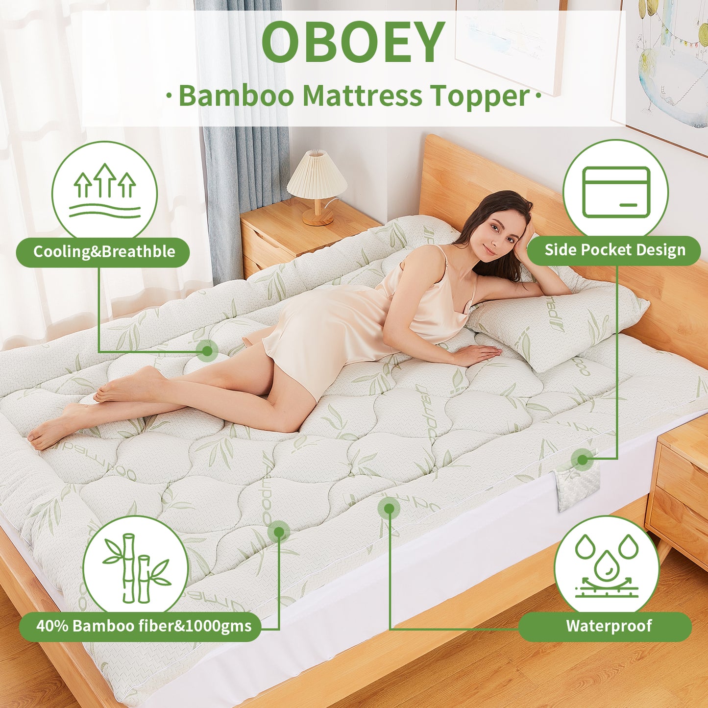 Bamboo Mattress Topper with 1 Pillow Protector